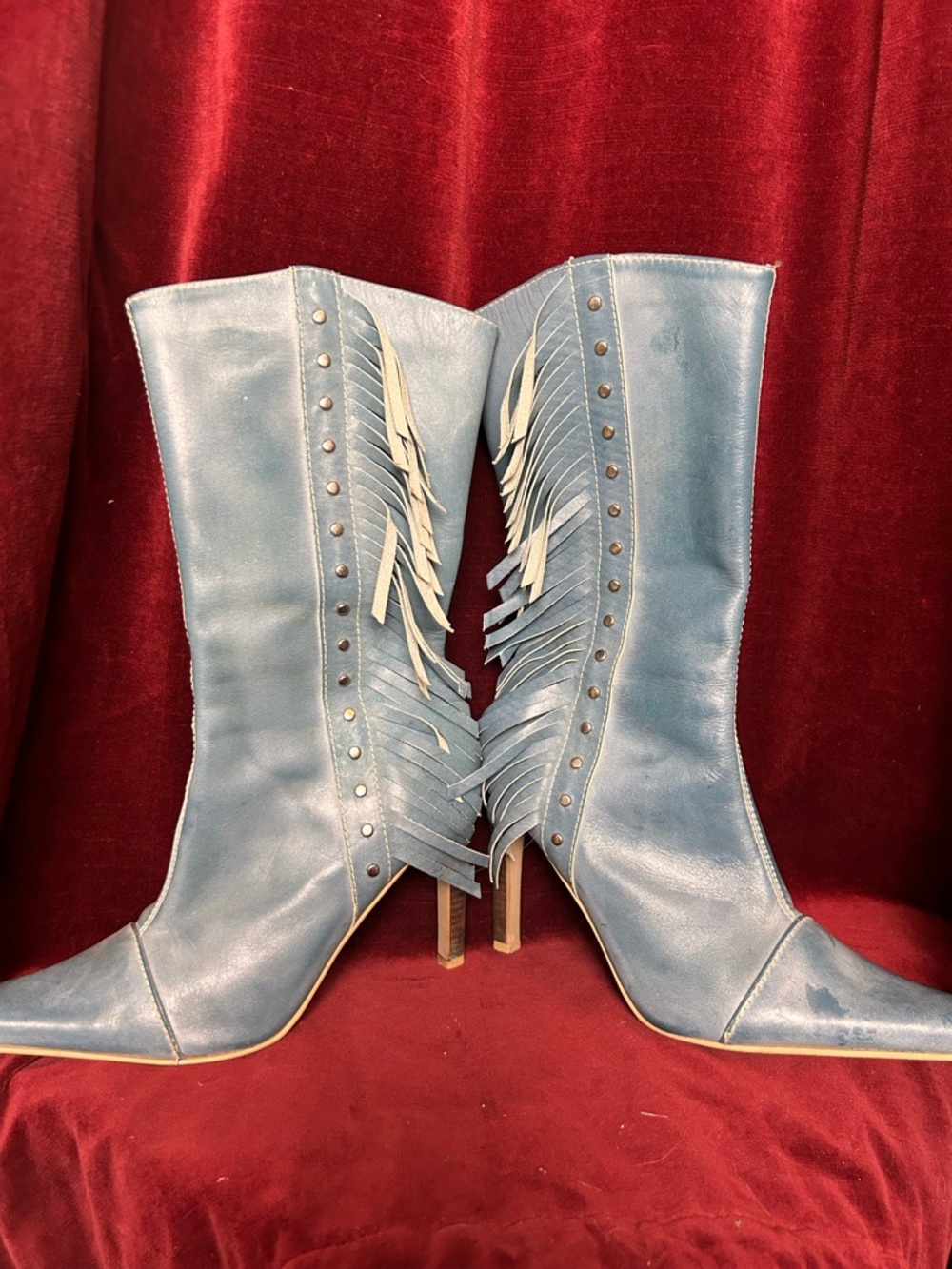 Steve Madden Blue Fringe Mid-Calf Heeled Boots